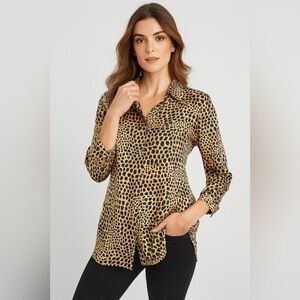 Vintage Into Africa 100% Silk Leopard Print Button Up Blouse Size Medium